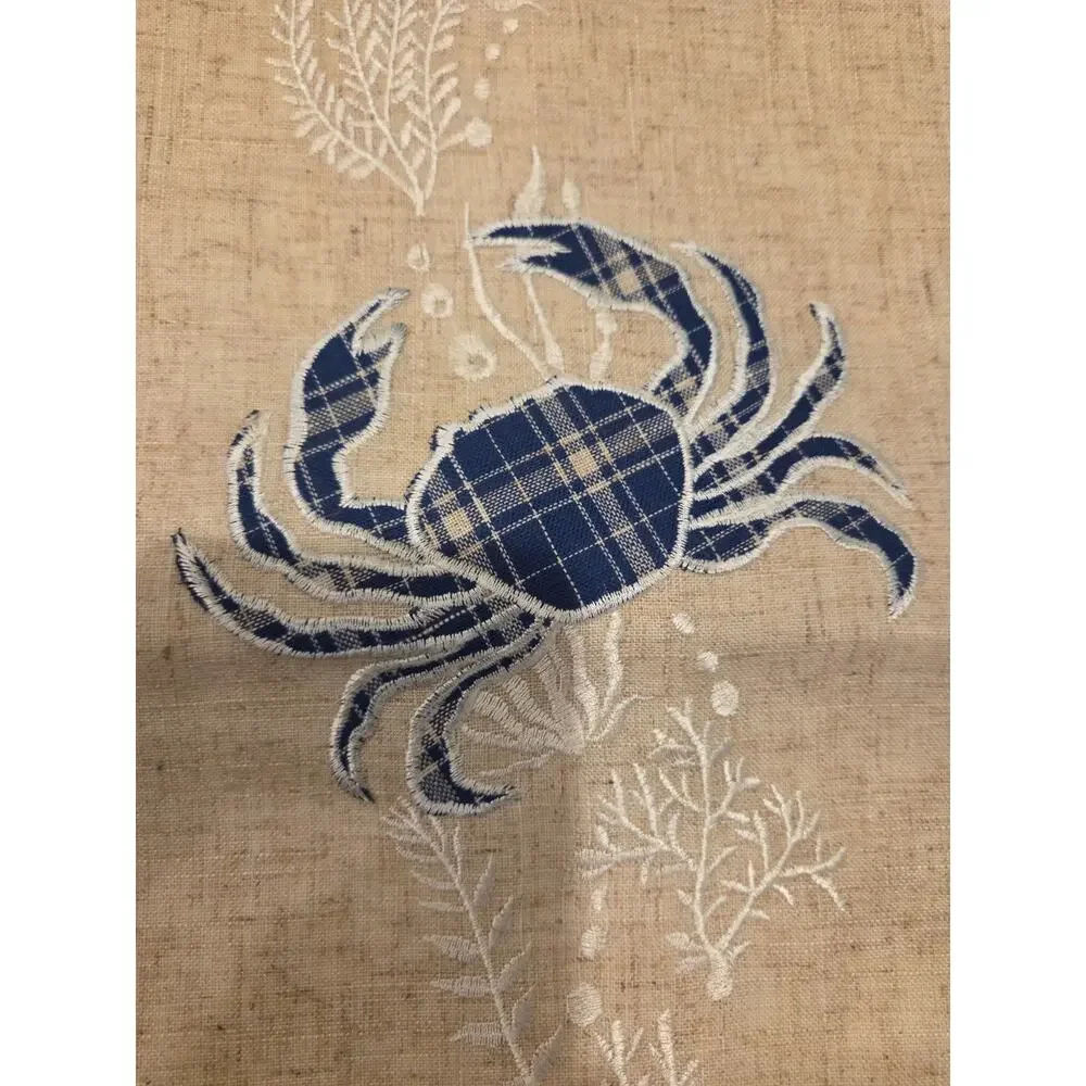 Coastal Crab Table Runner 14x72 Blue Plaid Embroidered Linen Look EB3580A Rare